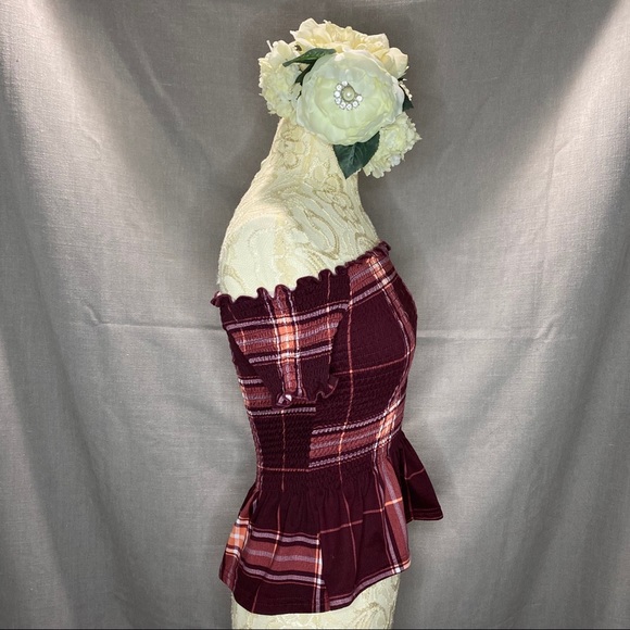 Burgundy Plaid Off The Shoulder Top - Picture 2 of 3